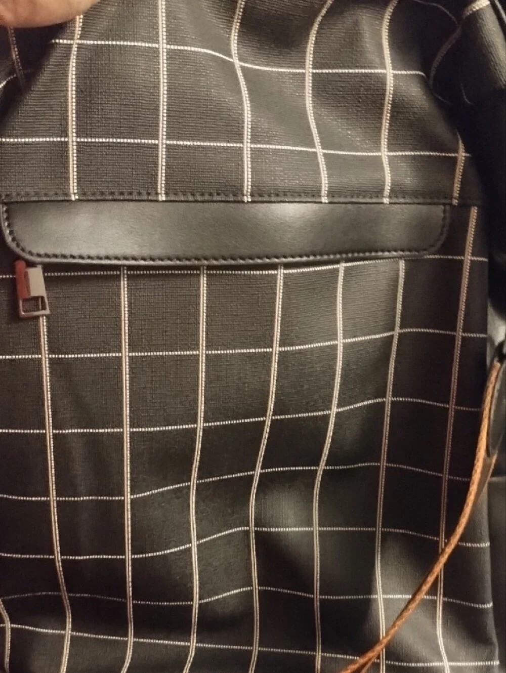 Black Grid-Pattern Backpack with Contrast Brown Strap